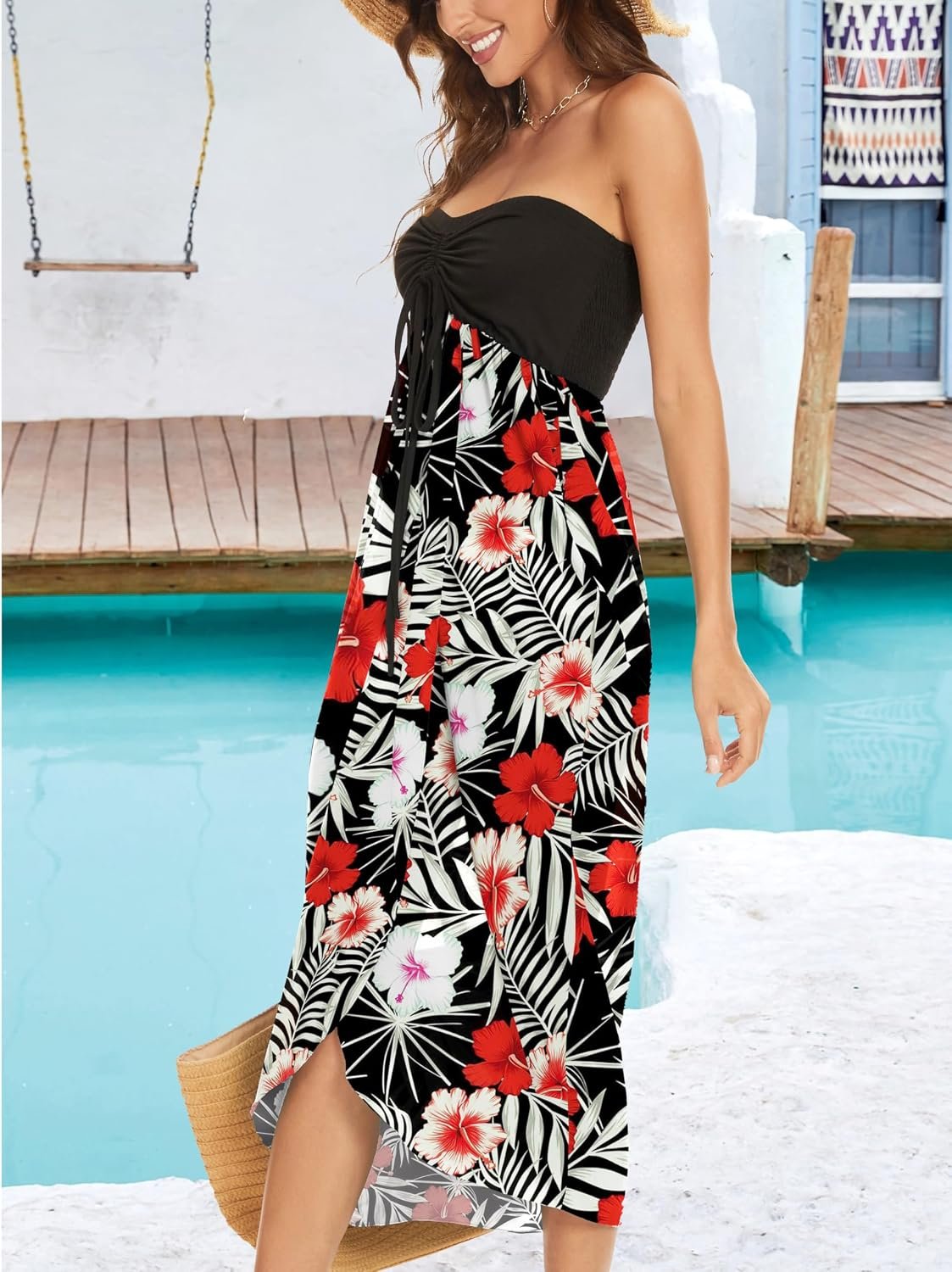 Women's Beach Dress Summer Maxi Sundress Strapless Hawaiian Cover Ups Asymmetrical Wrap Dresses - Image 4