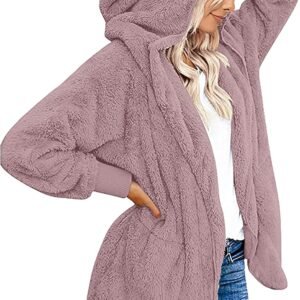Womens Fuzzy Jacket Hooded Cardigan Open Front Sherpa Coat with Pockets - Image 1