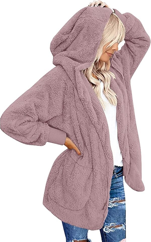 Womens Fuzzy Jacket Hooded Cardigan Open Front Sherpa Coat with Pockets