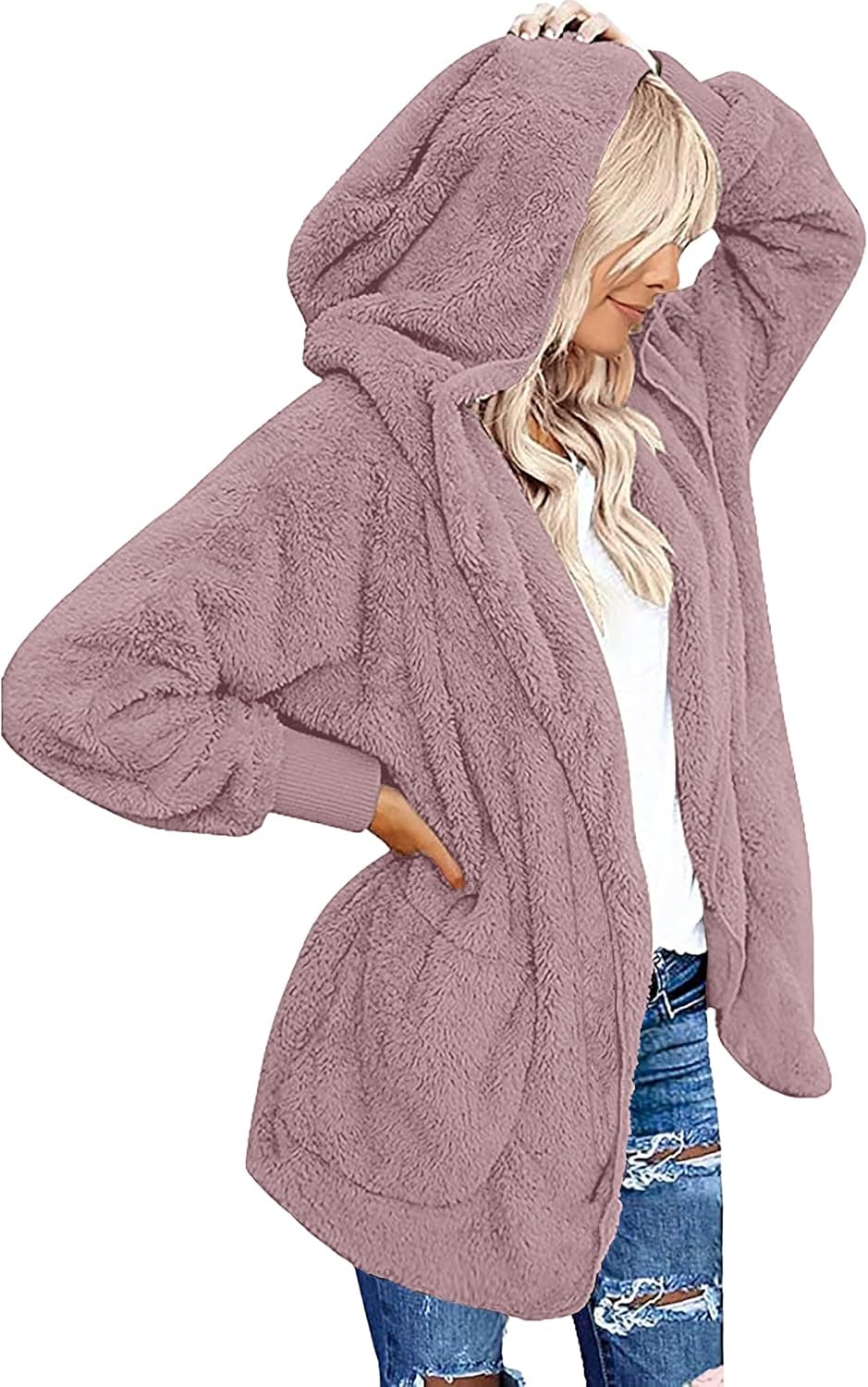 Womens Fuzzy Jacket Hooded Cardigan Open Front Sherpa Coat with Pockets - Image 1