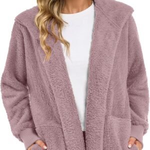 Womens Fuzzy Jacket Hooded Cardigan Open Front Sherpa Coat with Pockets - Image 4