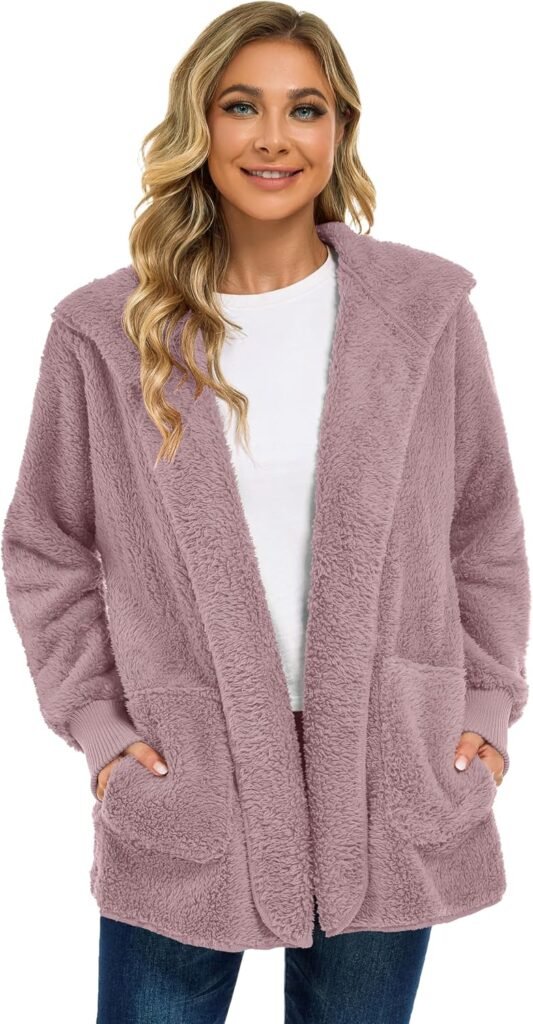 Womens Fuzzy Jacket Hooded Cardigan Open Front Sherpa Coat with Pockets