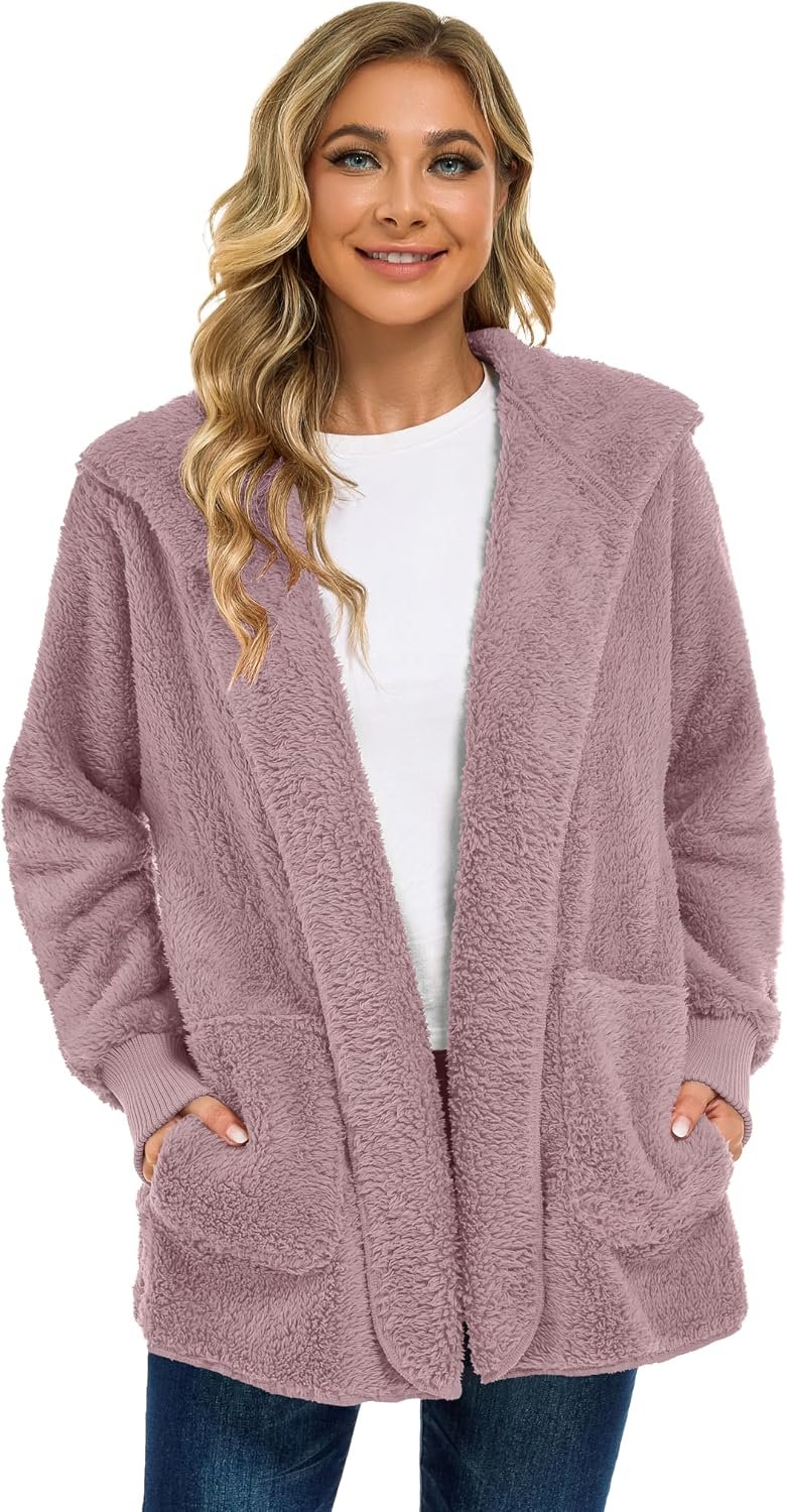 Womens Fuzzy Jacket Hooded Cardigan Open Front Sherpa Coat with Pockets - Image 4