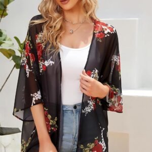 Womens Floral Kimono Cardigan Beach Cover Up Casual Summer Tops | 2026 Puff Sleeve Open Front Chiffon Outfit,Hawaiian Shirt,Beach Vacation Swimwear, Plus Top,Boho ladies Blouse,Cruise Resort - Image 3
