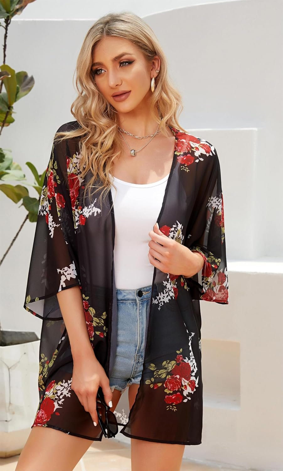 Womens Floral Kimono Cardigan Beach Cover Up Casual Summer Tops | 2026 Puff Sleeve Open Front Chiffon Outfit,Hawaiian Shirt,Beach Vacation Swimwear, Plus Top,Boho ladies Blouse,Cruise Resort - Image 3