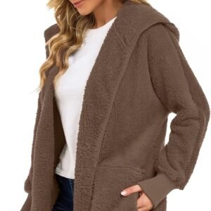 Womens Fuzzy Jacket Hooded Cardigan Open Front Sherpa Coat with Pockets - Image 4