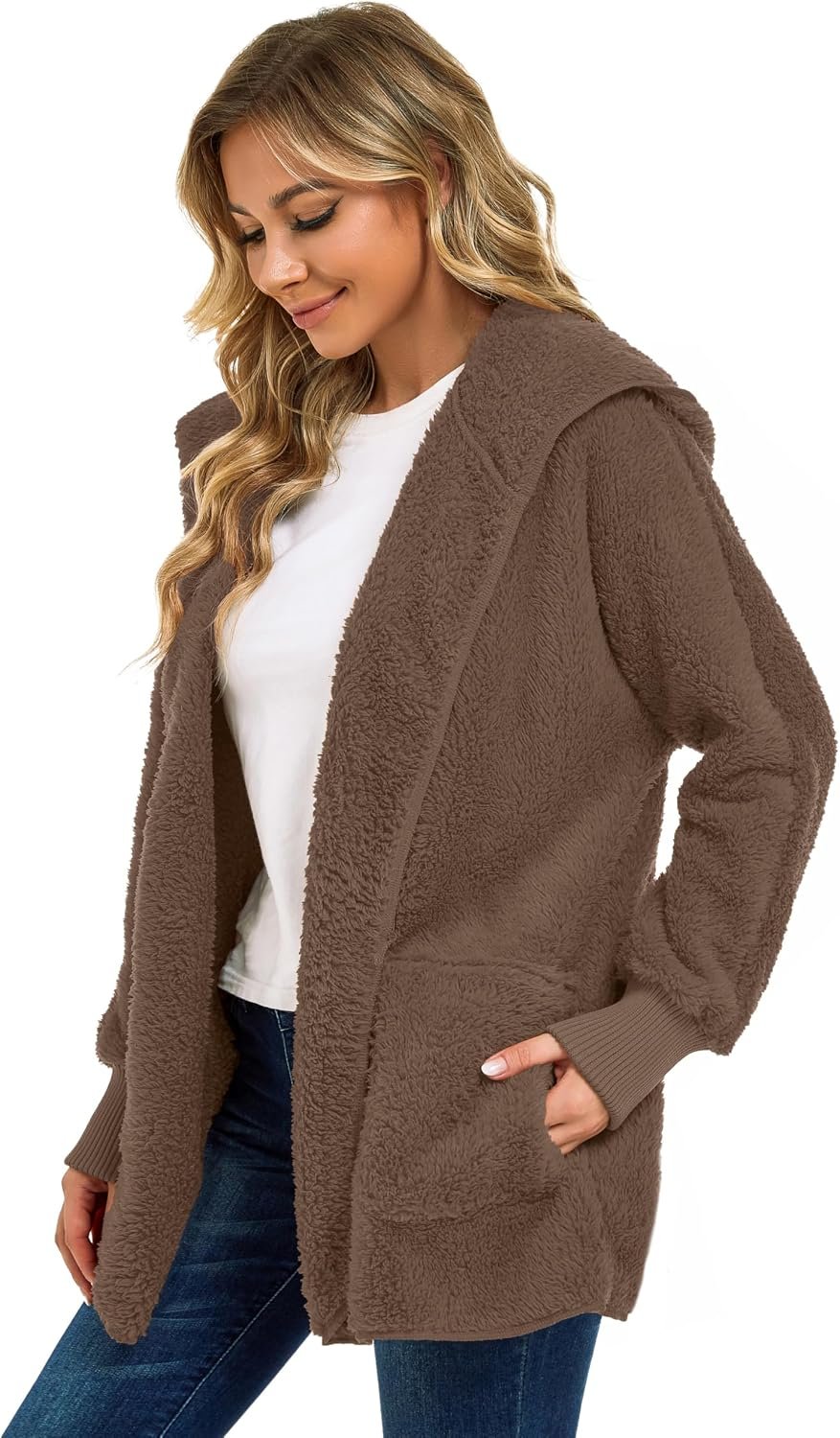 Womens Fuzzy Jacket Hooded Cardigan Open Front Sherpa Coat with Pockets - Image 4