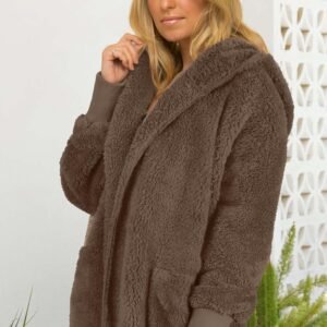 Womens Fuzzy Jacket Hooded Cardigan Open Front Sherpa Coat with Pockets - Image 2