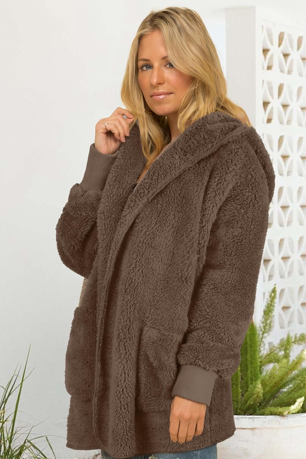 Womens Fuzzy Jacket Hooded Cardigan Open Front Sherpa Coat with Pockets - Image 2