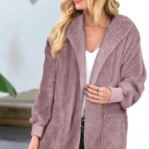 Womens Fuzzy Jacket Hooded Cardigan Open Front Sherpa Coat with Pockets - Image 3
