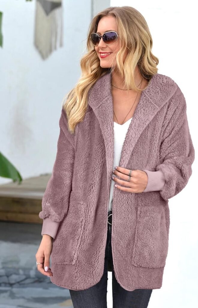Womens Fuzzy Jacket Hooded Cardigan Open Front Sherpa Coat with Pockets