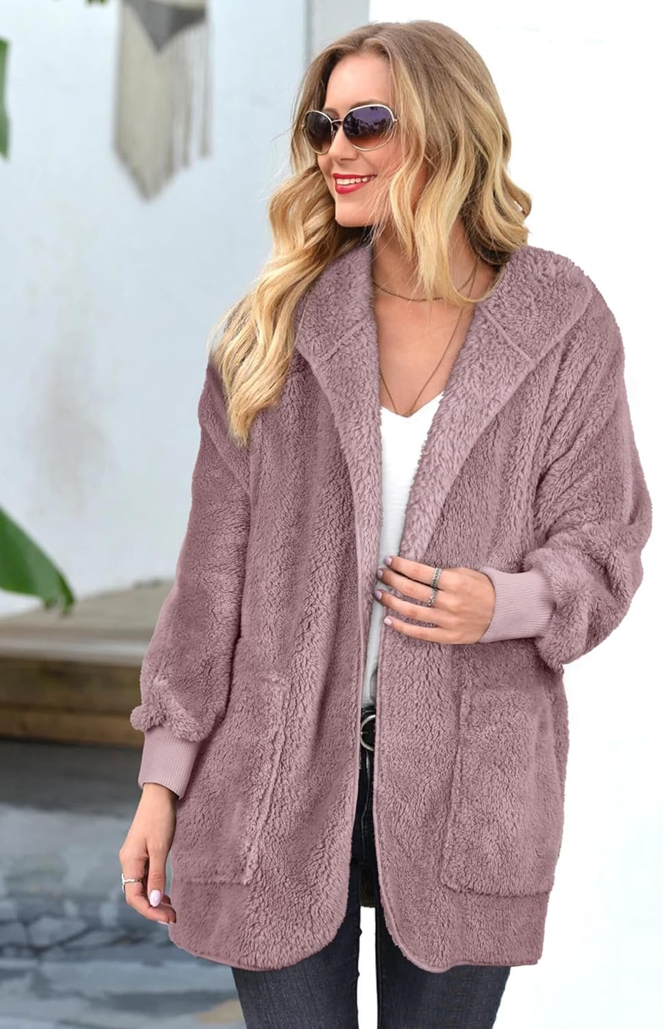 Womens Fuzzy Jacket Hooded Cardigan Open Front Sherpa Coat with Pockets - Image 3