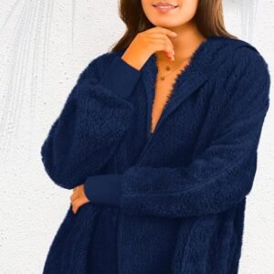 Womens Fuzzy Jacket Hooded Cardigan Open Front Sherpa Coat with Pockets - Image 2