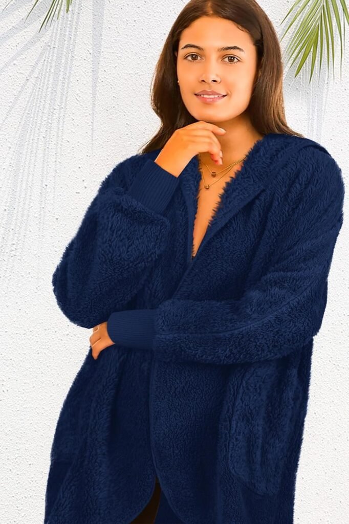 Womens Fuzzy Jacket Hooded Cardigan Open Front Sherpa Coat with Pockets