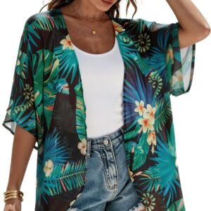 Womens Floral Kimono Cardigan Beach Cover Up Casual Summer Tops | 2026 Puff Sleeve Open Front Chiffon Outfit,Hawaiian Shirt,Beach Vacation Swimwear, Plus Top,Boho ladies Blouse,Cruise Resort - Image 1