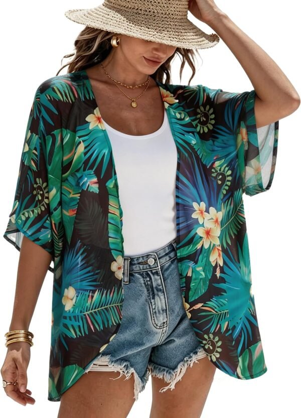 Womens Floral Kimono Cardigan Beach Cover Up Casual Summer Tops | 2026 Puff Sleeve Open Front Chiffon Outfit,Hawaiian Shirt,Beach Vacation Swimwear, Plus Top,Boho ladies Blouse,Cruise Resort