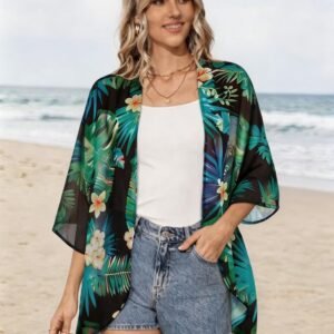 Womens Floral Kimono Cardigan Beach Cover Up Casual Summer Tops | 2026 Puff Sleeve Open Front Chiffon Outfit,Hawaiian Shirt,Beach Vacation Swimwear, Plus Top,Boho ladies Blouse,Cruise Resort - Image 5