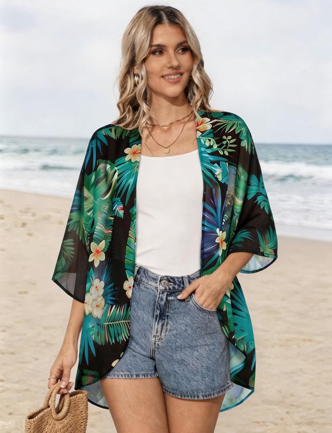 Womens Floral Kimono Cardigan Beach Cover Up Casual Summer Tops | 2026 Puff Sleeve Open Front Chiffon Outfit,Hawaiian Shirt,Beach Vacation Swimwear, Plus Top,Boho ladies Blouse,Cruise Resort - Image 5