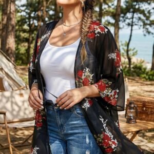 Womens Floral Kimono Cardigan Beach Cover Up Casual Summer Tops | 2026 Puff Sleeve Open Front Chiffon Outfit,Hawaiian Shirt,Beach Vacation Swimwear, Plus Top,Boho ladies Blouse,Cruise Resort - Image 4
