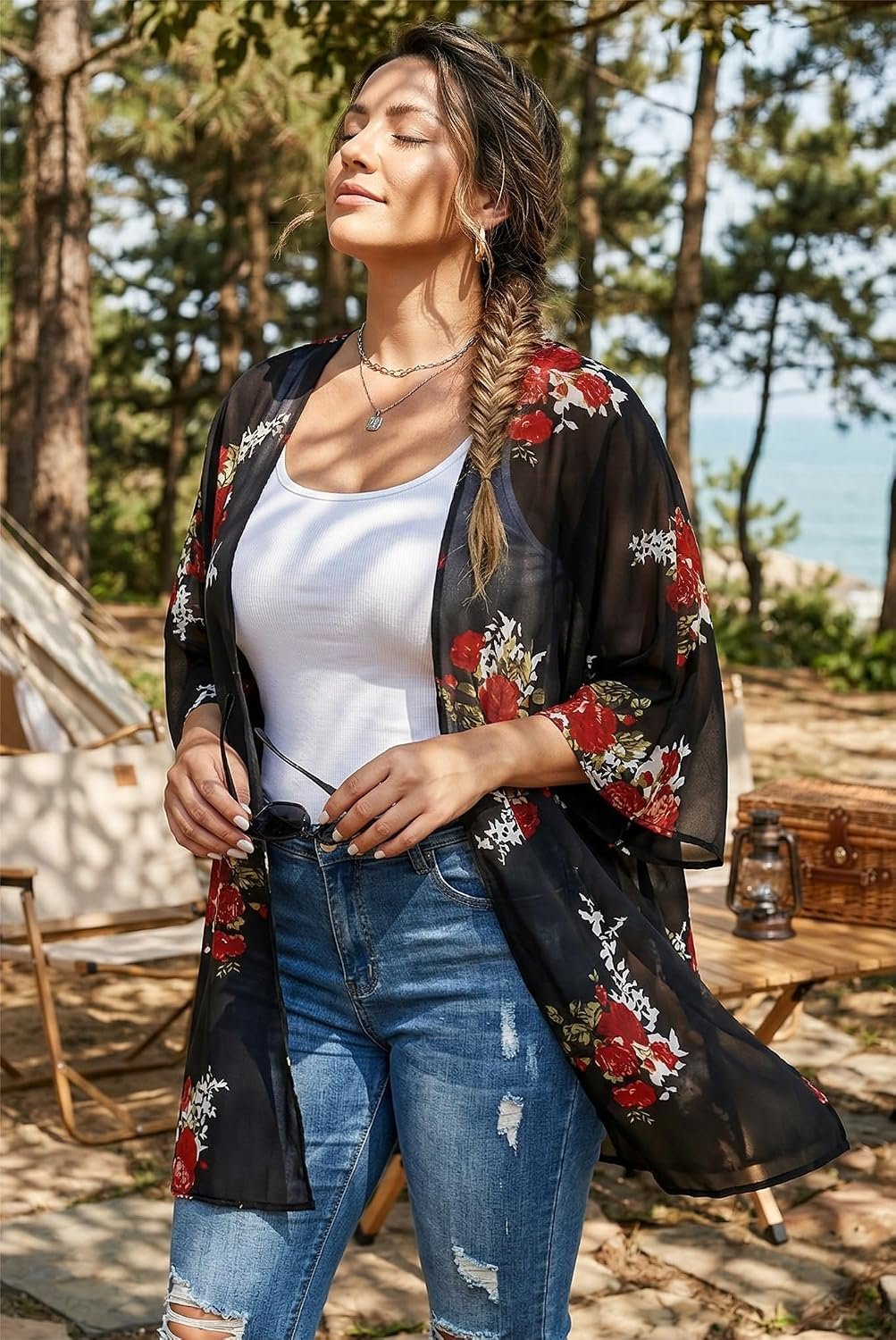 Womens Floral Kimono Cardigan Beach Cover Up Casual Summer Tops | 2026 Puff Sleeve Open Front Chiffon Outfit,Hawaiian Shirt,Beach Vacation Swimwear, Plus Top,Boho ladies Blouse,Cruise Resort - Image 4