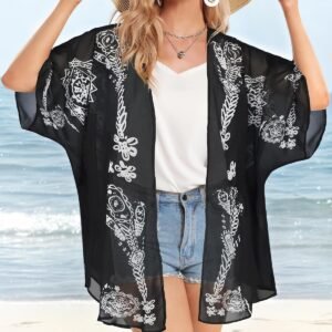 Womens Floral Kimono Cardigan Beach Cover Up Casual Summer Tops | 2026 Puff Sleeve Open Front Chiffon Outfit,Hawaiian Shirt,Beach Vacation Swimwear, Plus Top,Boho ladies Blouse,Cruise Resort - Image 4