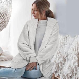 Womens Fuzzy Jacket Hooded Cardigan Open Front Sherpa Coat with Pockets - Image 2