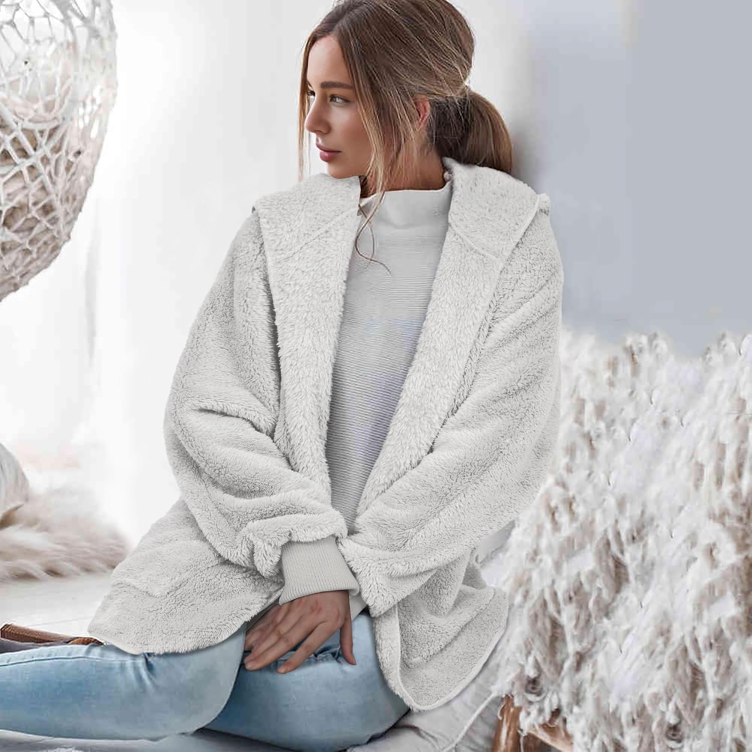 Womens Fuzzy Jacket Hooded Cardigan Open Front Sherpa Coat with Pockets - Image 2