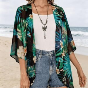 Womens Floral Kimono Cardigan Beach Cover Up Casual Summer Tops | 2026 Puff Sleeve Open Front Chiffon Outfit,Hawaiian Shirt,Beach Vacation Swimwear, Plus Top,Boho ladies Blouse,Cruise Resort - Image 6