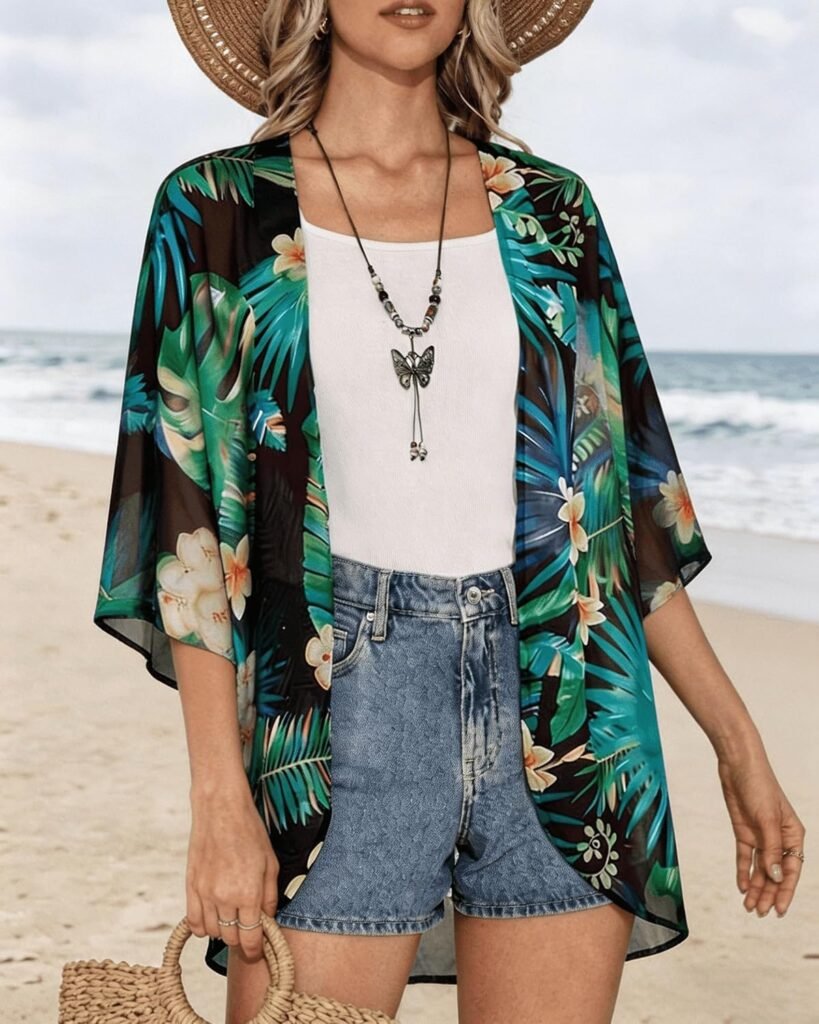 Womens Floral Kimono Cardigan Beach Cover Up Casual Summer Tops | 2026 Puff Sleeve Open Front Chiffon Outfit,Hawaiian Shirt,Beach Vacation Swimwear, Plus Top,Boho ladies Blouse,Cruise Resort