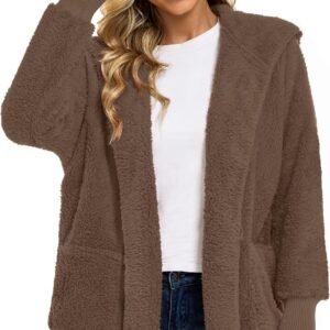 Womens Fuzzy Jacket Hooded Cardigan Open Front Sherpa Coat with Pockets - Image 5