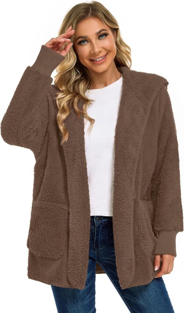 Womens Fuzzy Jacket Hooded Cardigan Open Front Sherpa Coat with Pockets