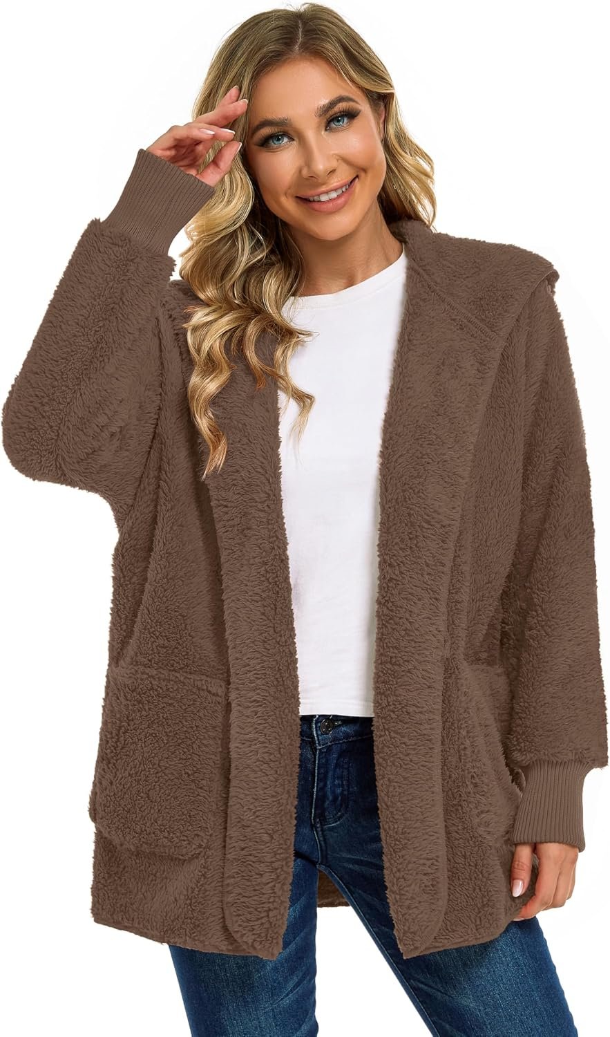 Womens Fuzzy Jacket Hooded Cardigan Open Front Sherpa Coat with Pockets - Image 5