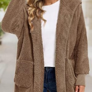 Womens Fuzzy Jacket Hooded Cardigan Open Front Sherpa Coat with Pockets - Image 8