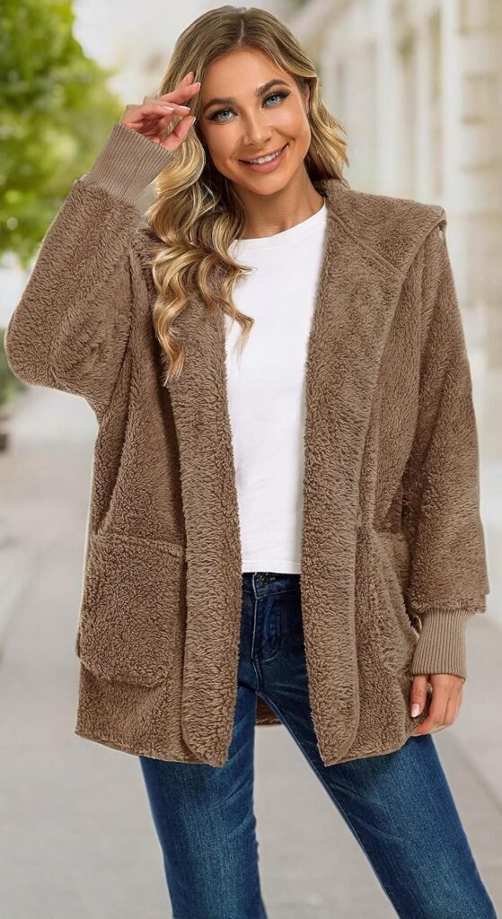 Womens Fuzzy Jacket Hooded Cardigan Open Front Sherpa Coat with Pockets