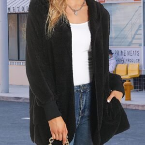 Womens Fuzzy Jacket Hooded Cardigan Open Front Sherpa Coat with Pockets - Image 6